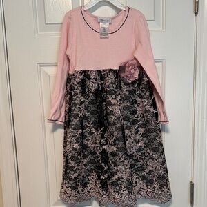 Bonnie Jean Pink and Black Floral Lace Dress
